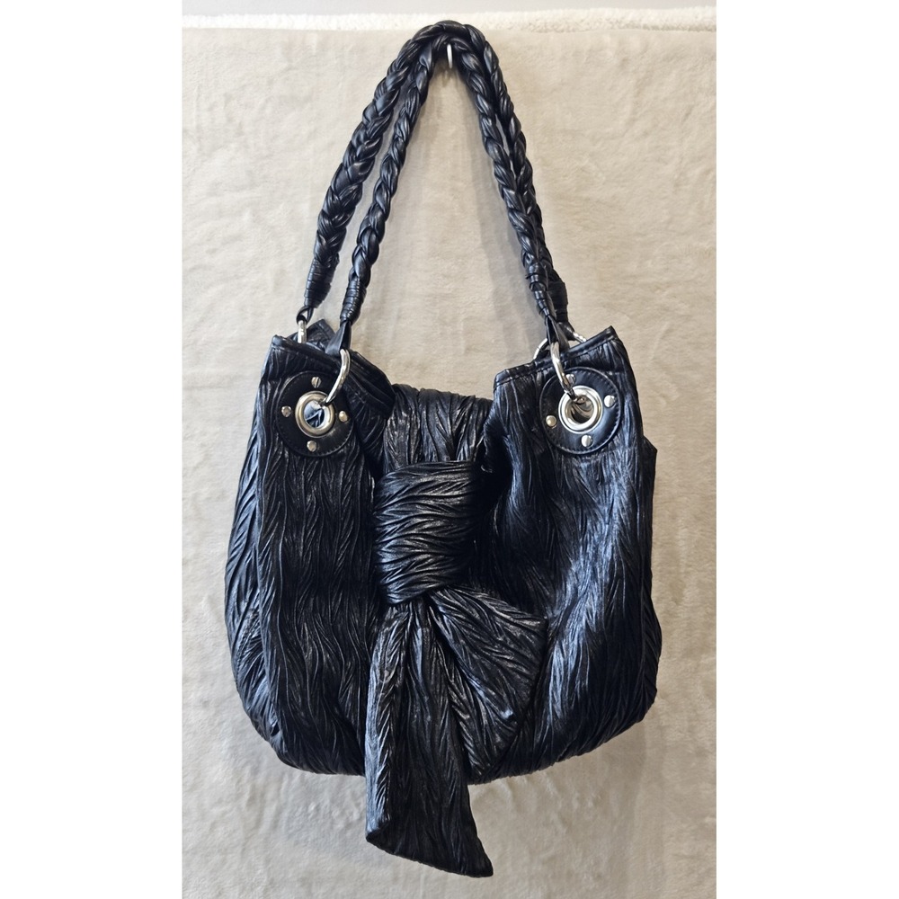 Anthropologie‎ Melie Bianco Black Ruched Bow Braided Handle Shoulder Bag Y2K